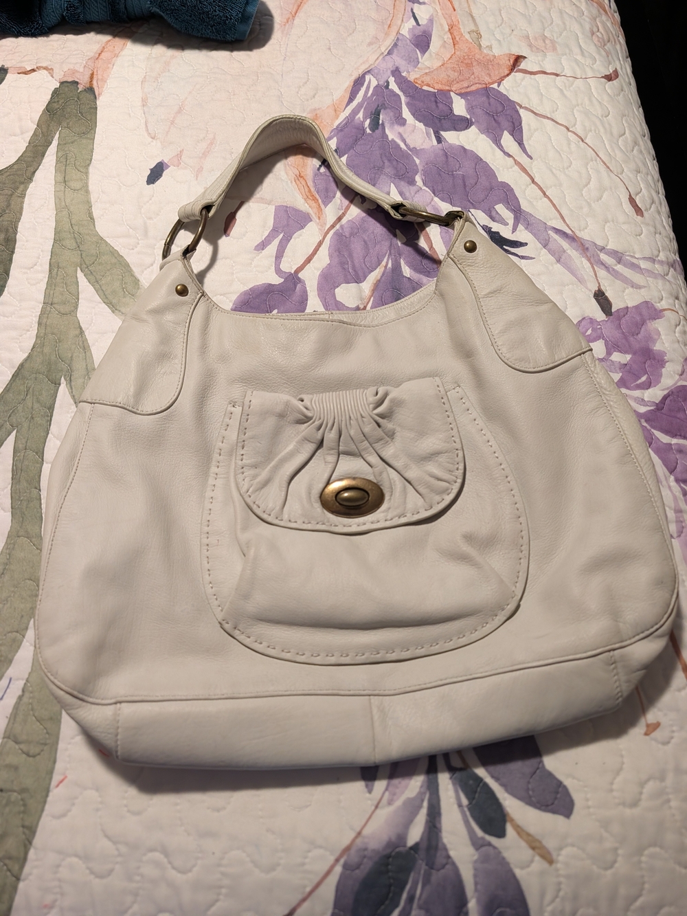 Kate Landry Cream Leather Shoulder Hobo with Front Turn-Lock